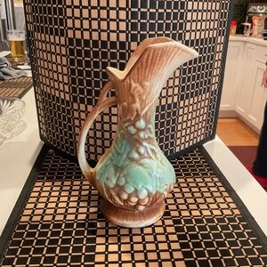 McCoy Rustic Pottery Pitcher Ewer Vase Vintage Mid-Century Grapes Brown Green 9”